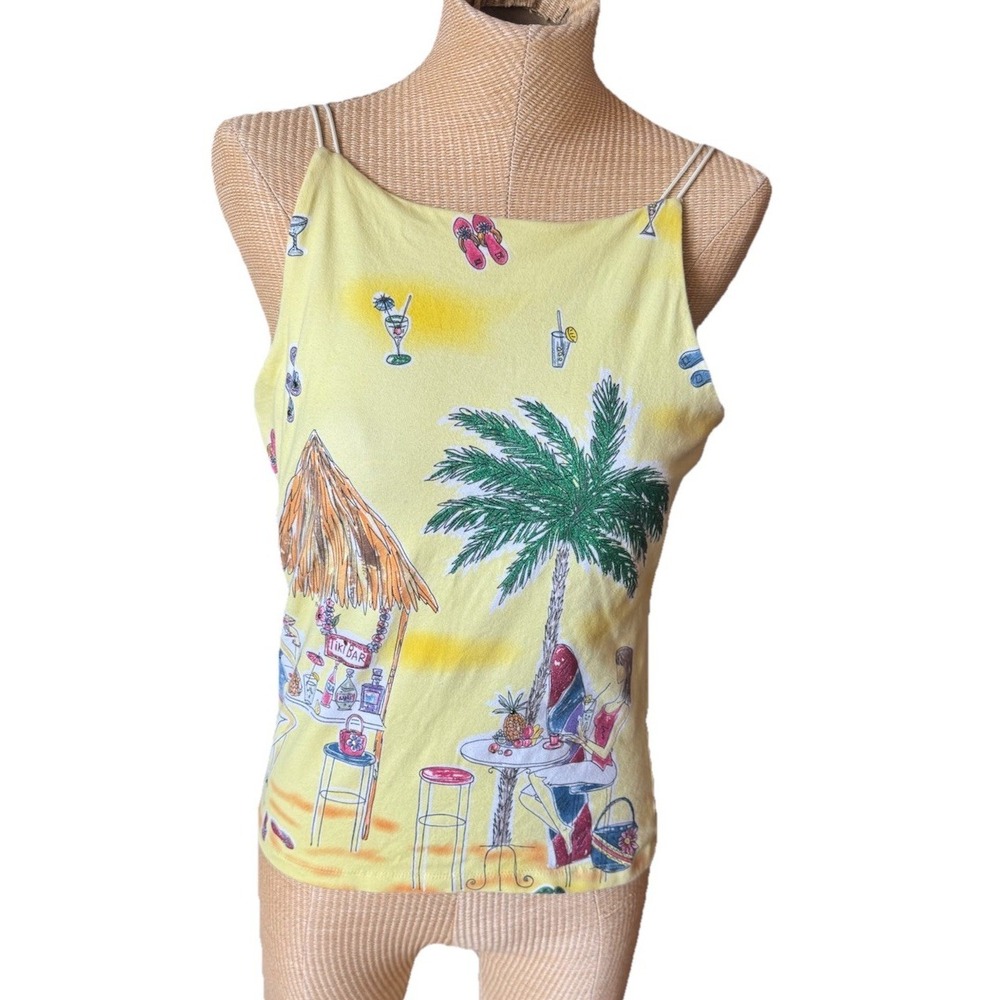 Y2K Cami Tank Top Yellow Tiki Bar Beach Drinks Lady Print Shelf Bra Size Medium
